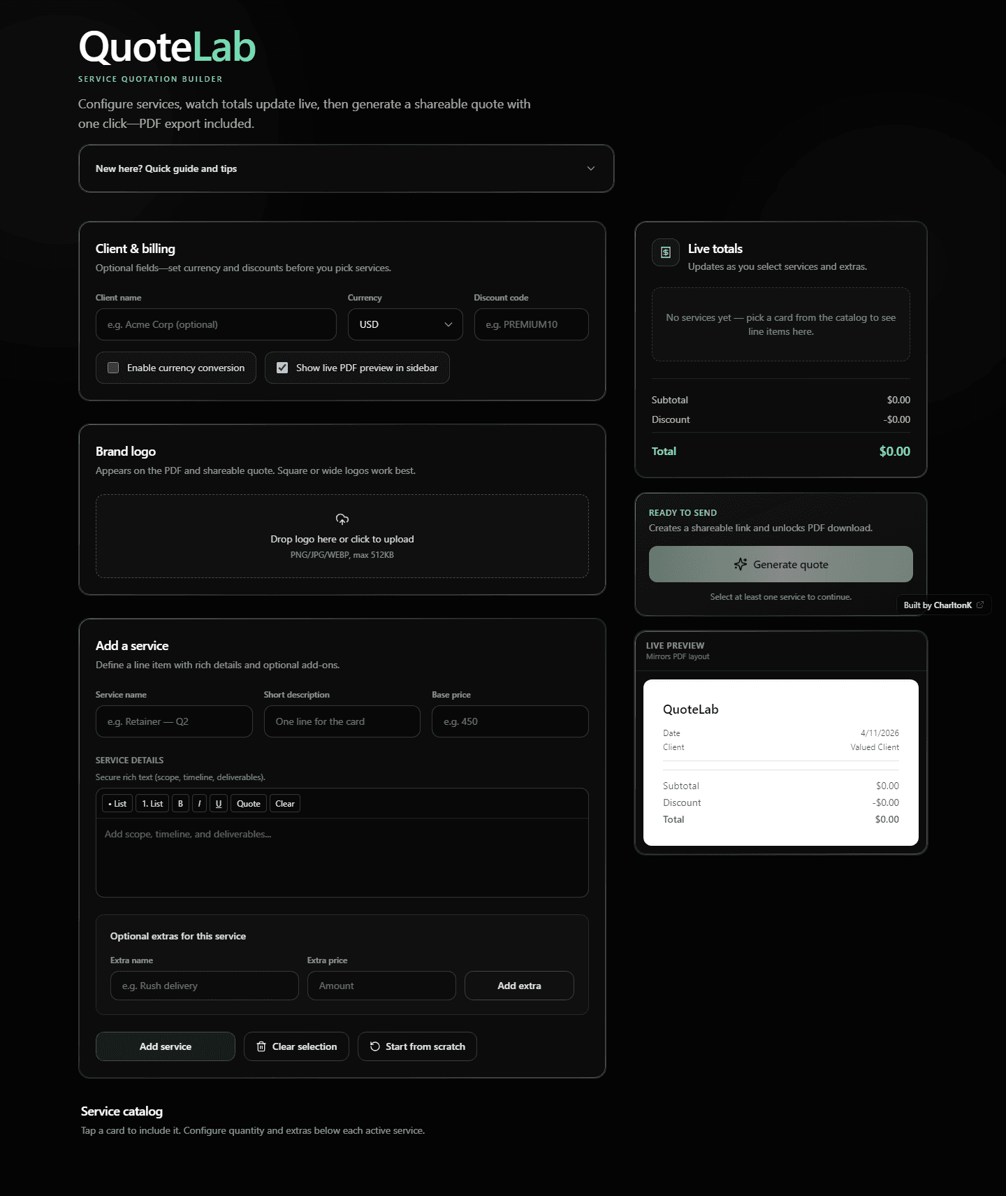 Full QuoteLab page: quotation builder from hero through catalog, custom services, and live pricing sidebar.