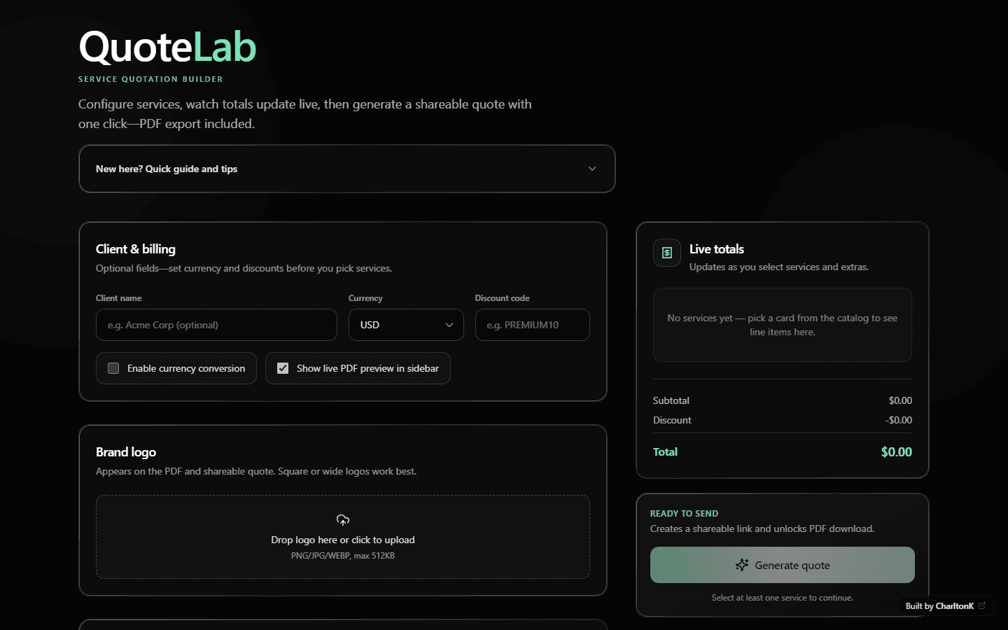 QuoteLab live interface: QuoteLab wordmark, client and billing fields, brand logo upload, service catalog, and live totals sidebar with generate quote.